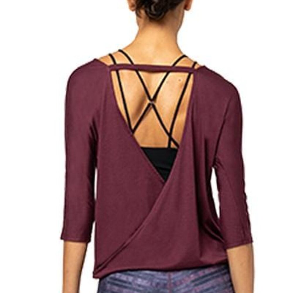 Onzie 3/4 Sleeve Drapey V Back Top Burgundy